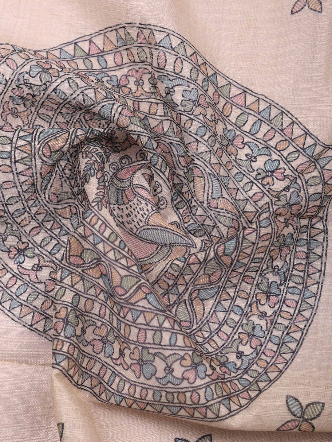 Peach Pink Printed Chanderi Unstitched Suit &amp; Pant With Chanderi Dupatta