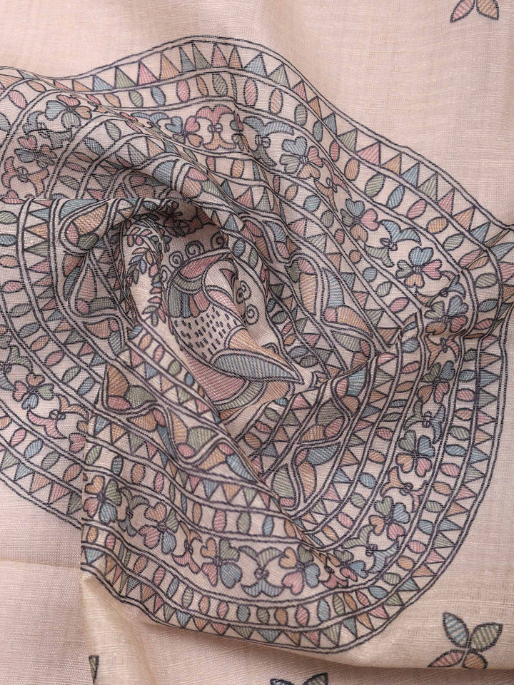 Peach Pink Printed Chanderi Unstitched Suit &amp; Pant With Chanderi Dupatta
