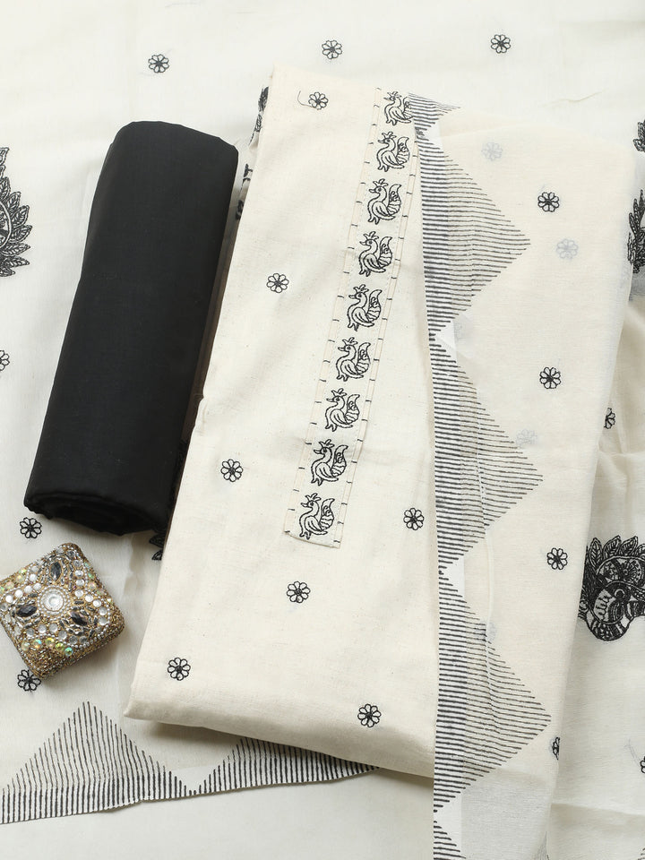White Embroidered Cotton Blend Unstitched Suit &amp; Pant With Cotton Dupatta