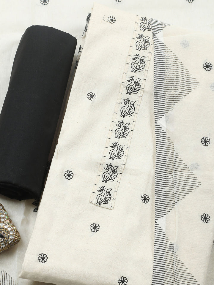 White Embroidered Cotton Blend Unstitched Suit &amp; Pant With Cotton Dupatta