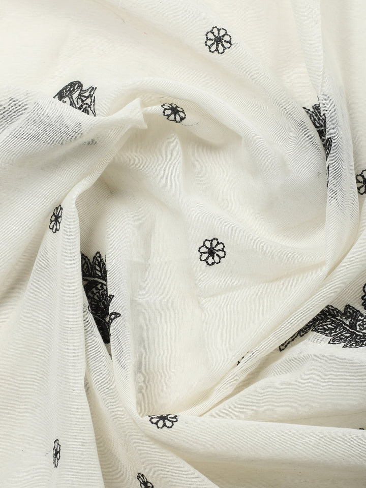 White Embroidered Cotton Blend Unstitched Suit &amp; Pant With Cotton Dupatta
