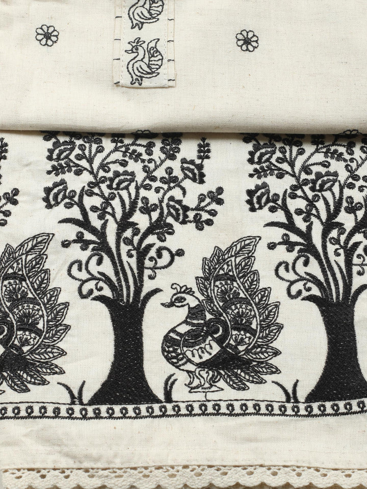 White Embroidered Cotton Blend Unstitched Suit &amp; Pant With Cotton Dupatta
