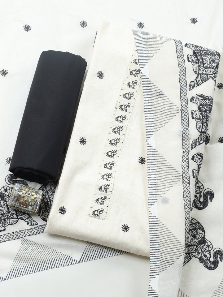 White Embroidered Cotton Blend Unstitched Suit &amp; Pant With Cotton Dupatta