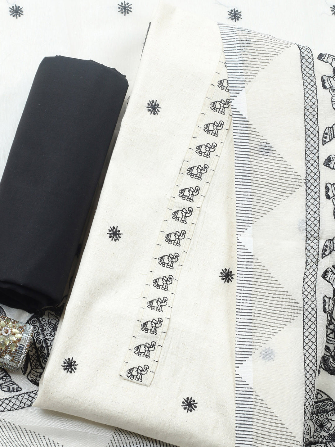 White Embroidered Cotton Blend Unstitched Suit &amp; Pant With Cotton Dupatta
