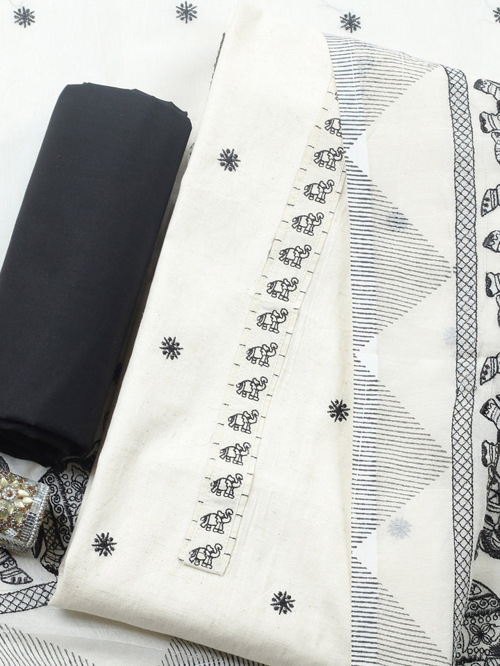 White Embroidered Cotton Blend Unstitched Suit &amp; Pant With Cotton Dupatta