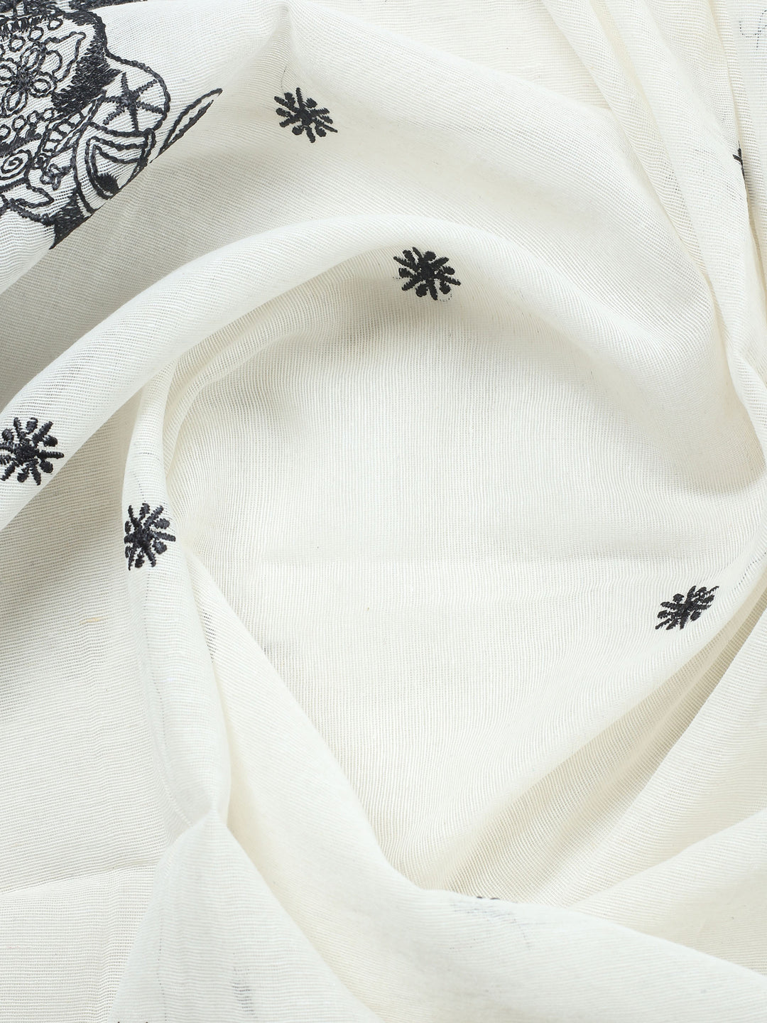 White Embroidered Cotton Blend Unstitched Suit &amp; Pant With Cotton Dupatta