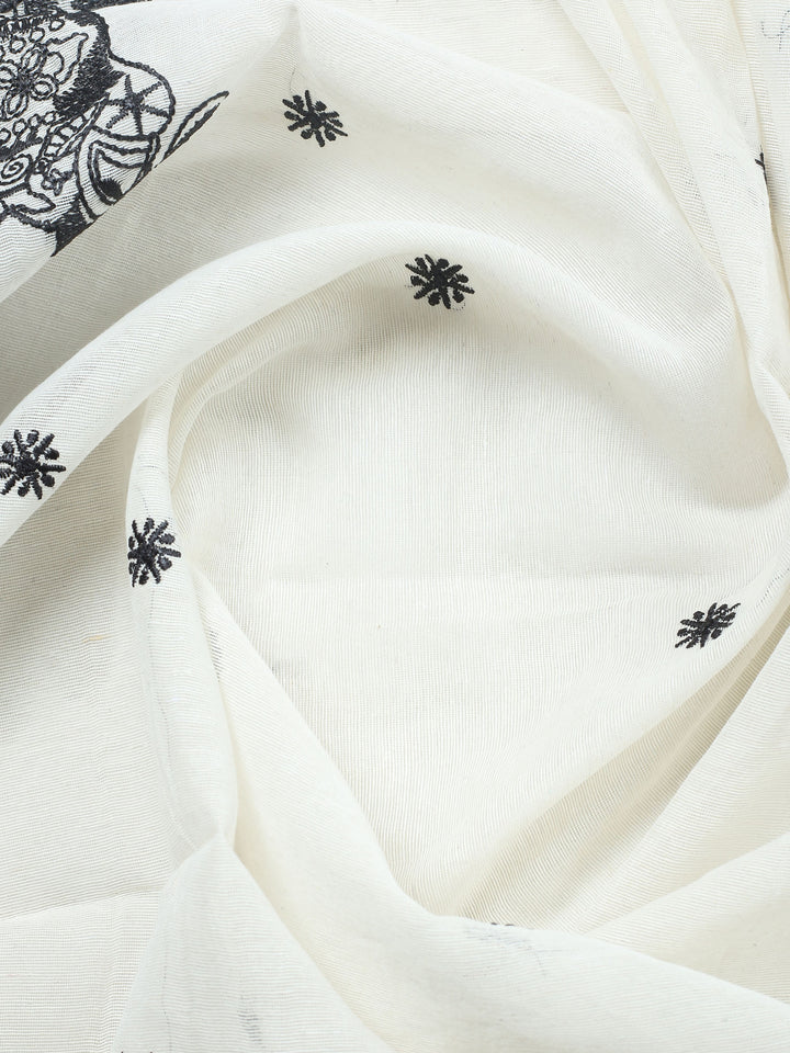 White Embroidered Cotton Blend Unstitched Suit &amp; Pant With Cotton Dupatta