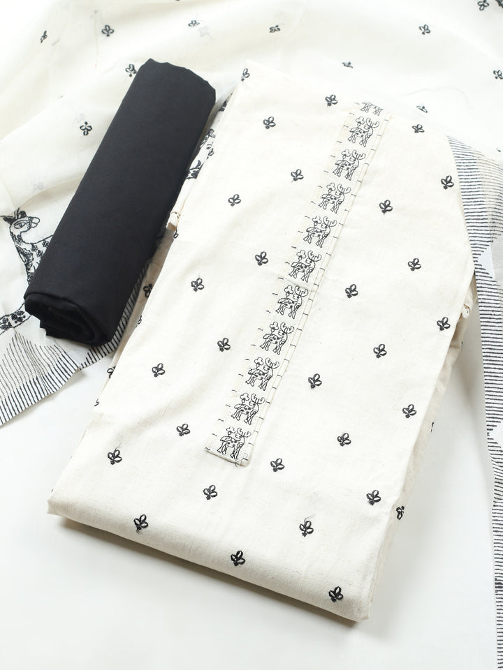 White Embroidered Cotton Blend Unstitched Suit &amp; Pant With Cotton Dupatta