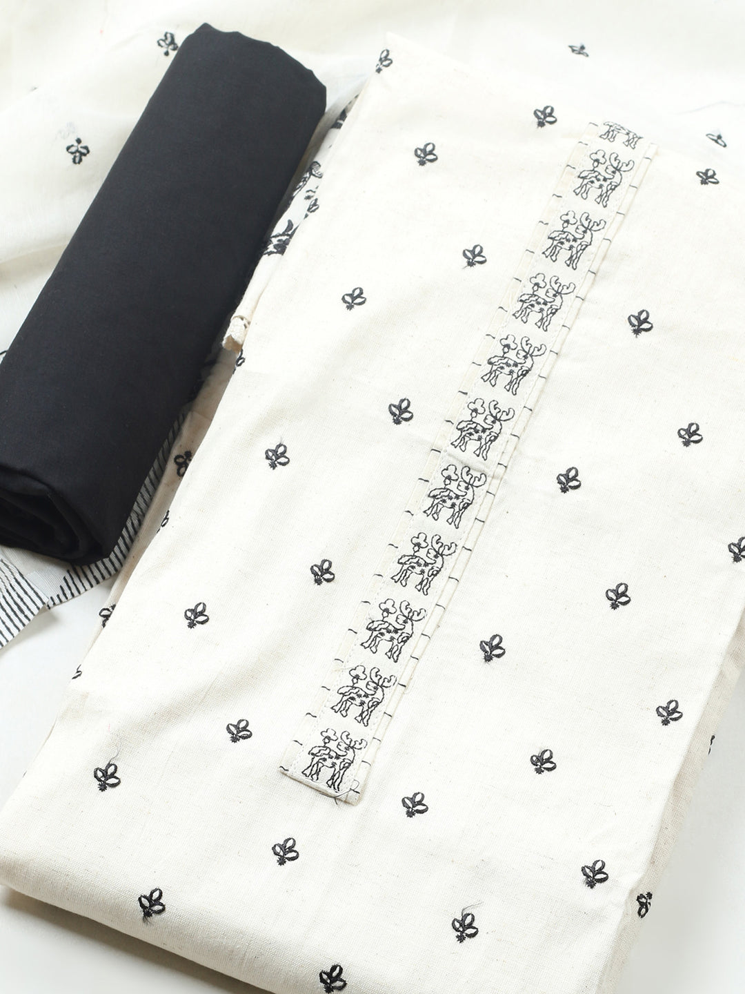 White Embroidered Cotton Blend Unstitched Suit &amp; Pant With Cotton Dupatta