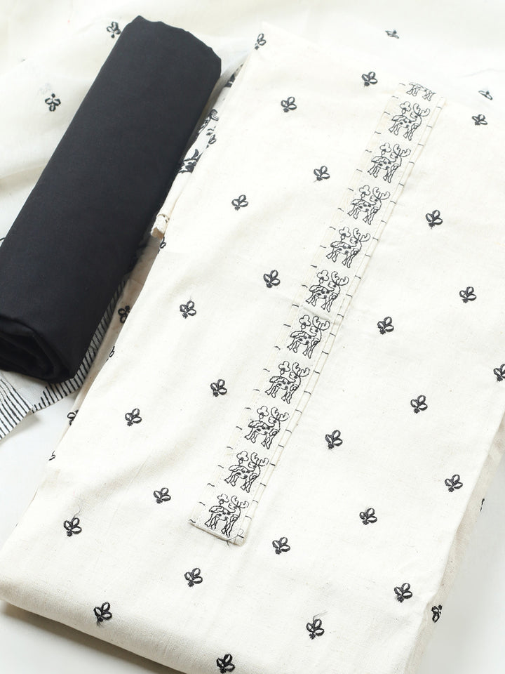 White Embroidered Cotton Blend Unstitched Suit &amp; Pant With Cotton Dupatta