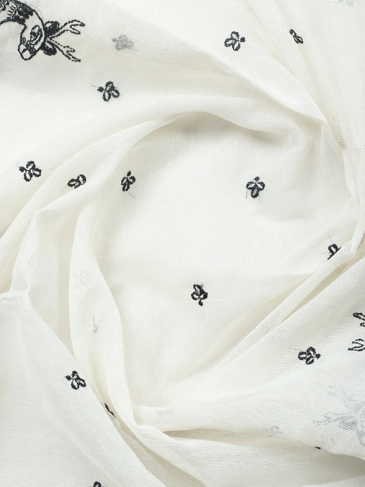 White Embroidered Cotton Blend Unstitched Suit &amp; Pant With Cotton Dupatta