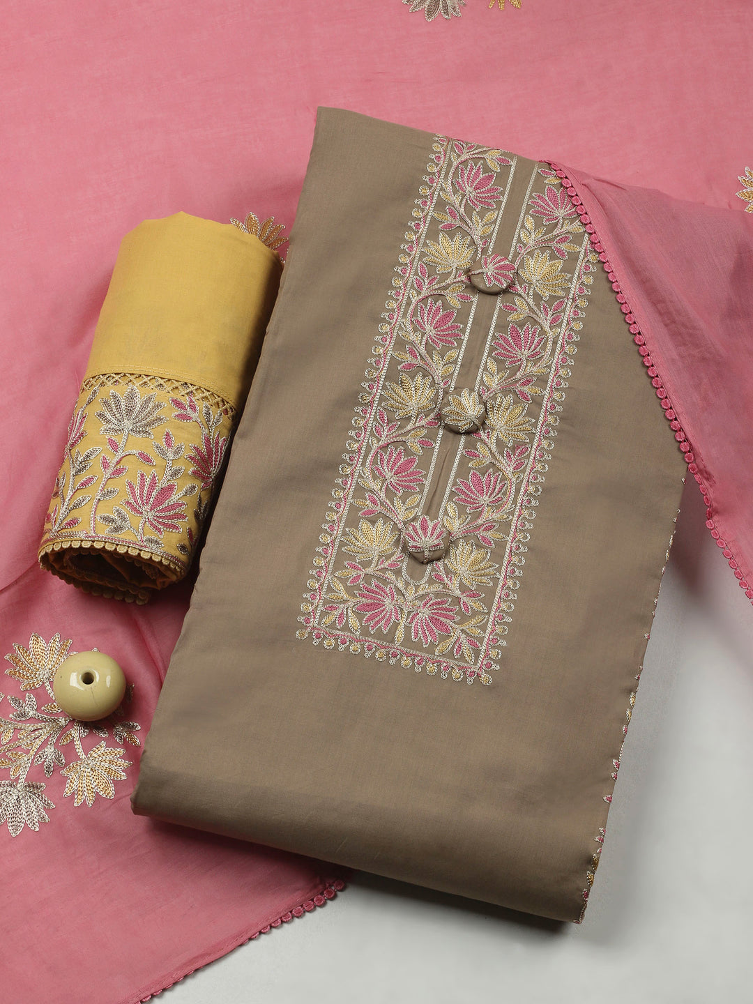 Beige Yoke Embroidery Cotton Blend Unstitched Dress Material
