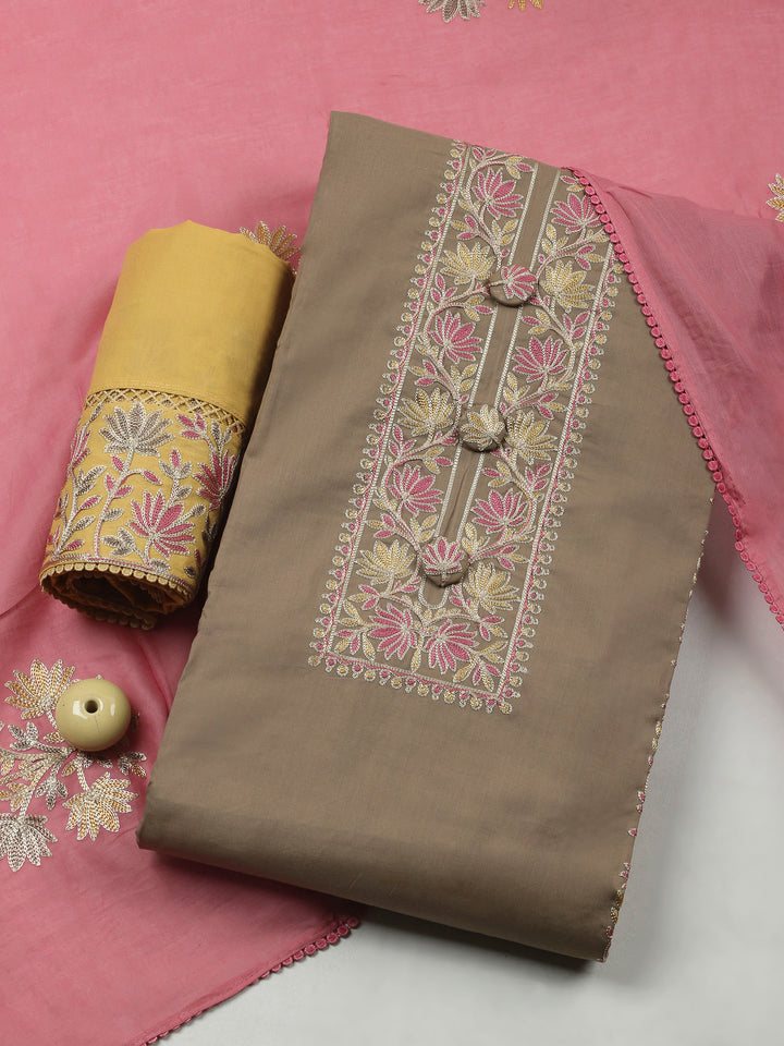 Beige Yoke Embroidery Cotton Blend Unstitched Dress Material