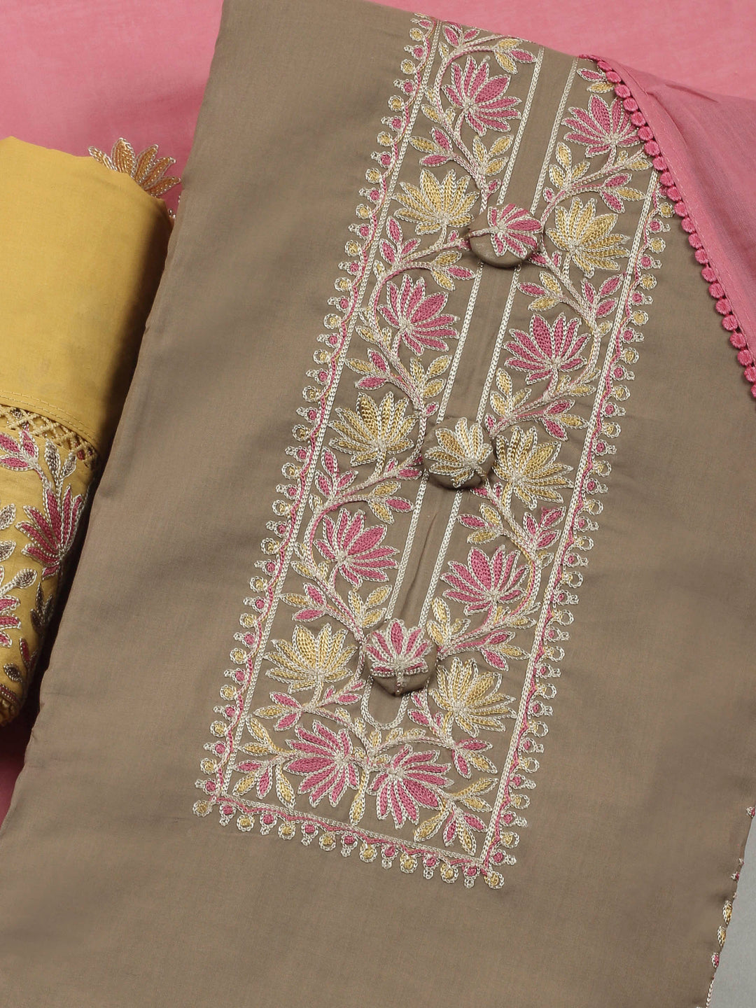 Beige Yoke Embroidery Cotton Blend Unstitched Dress Material