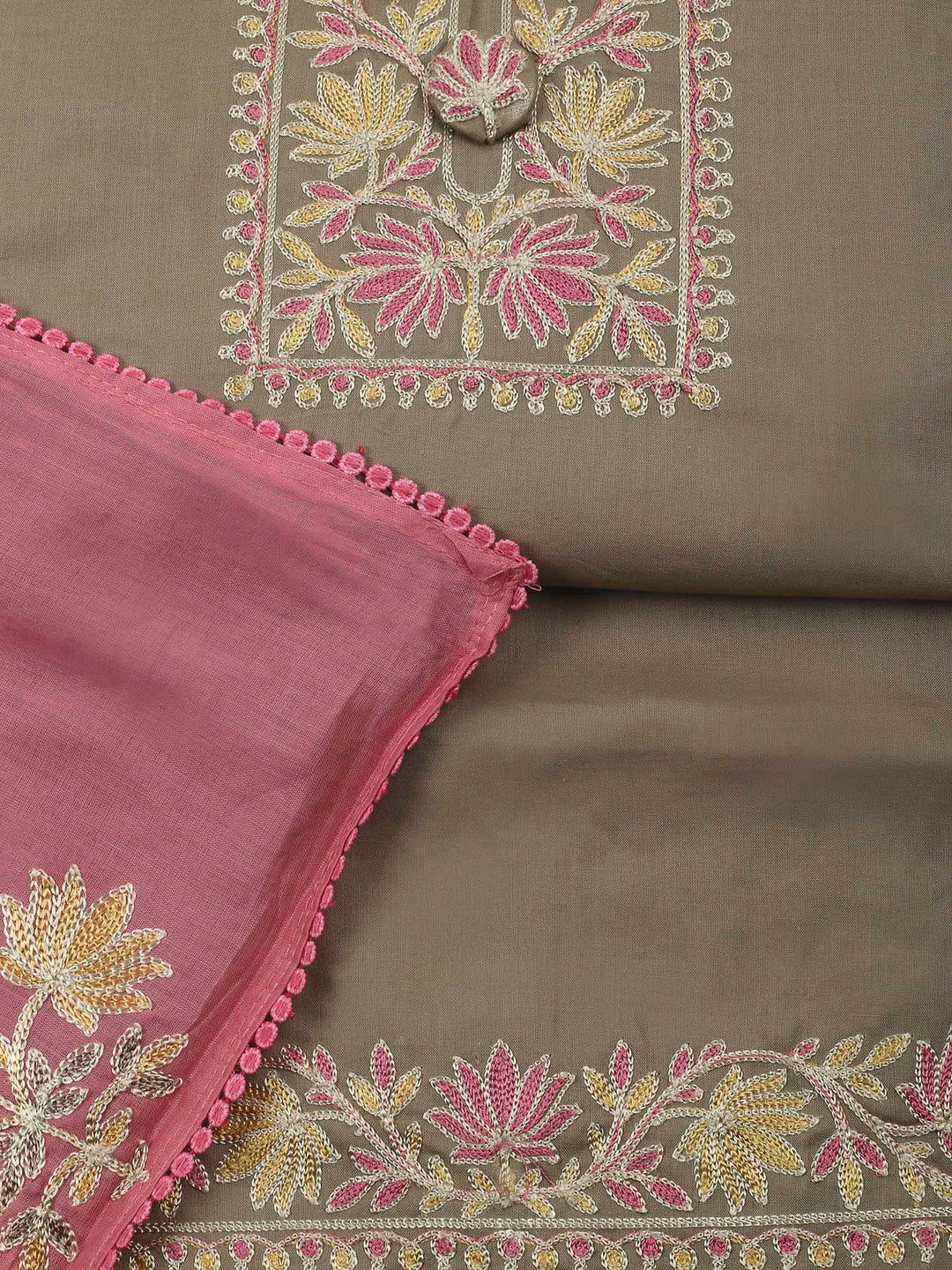 Beige Yoke Embroidery Cotton Blend Unstitched Dress Material