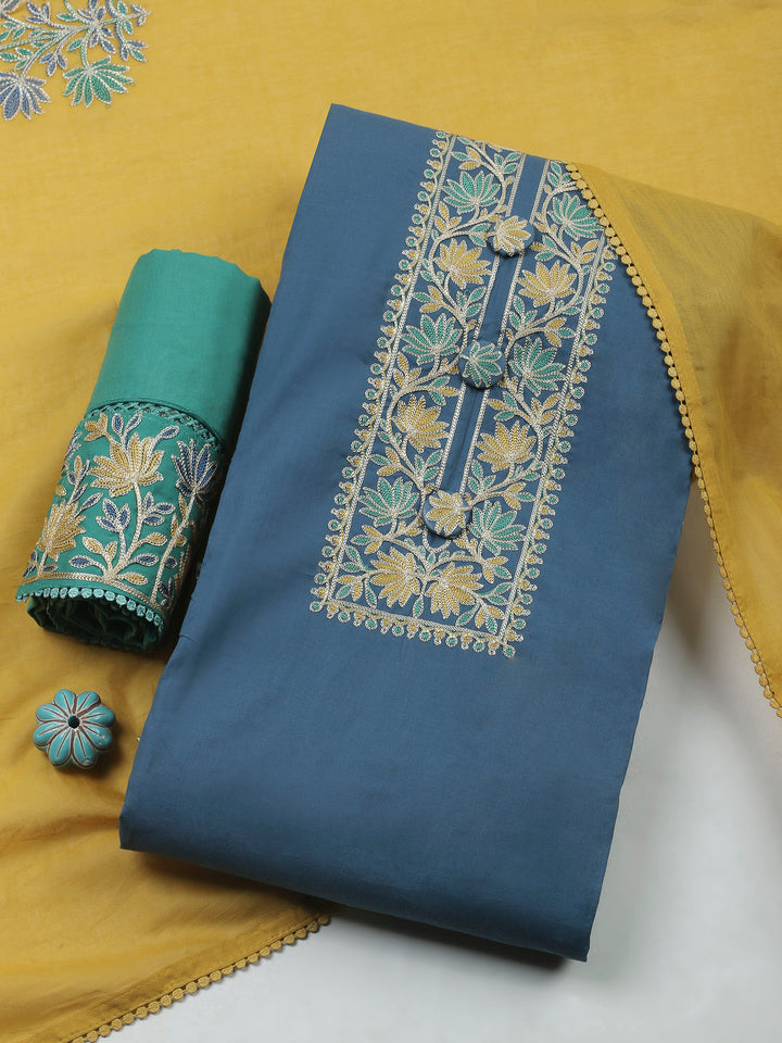 Grey Blue Yoke Embroidery Cotton Blend Unstitched Dress Material