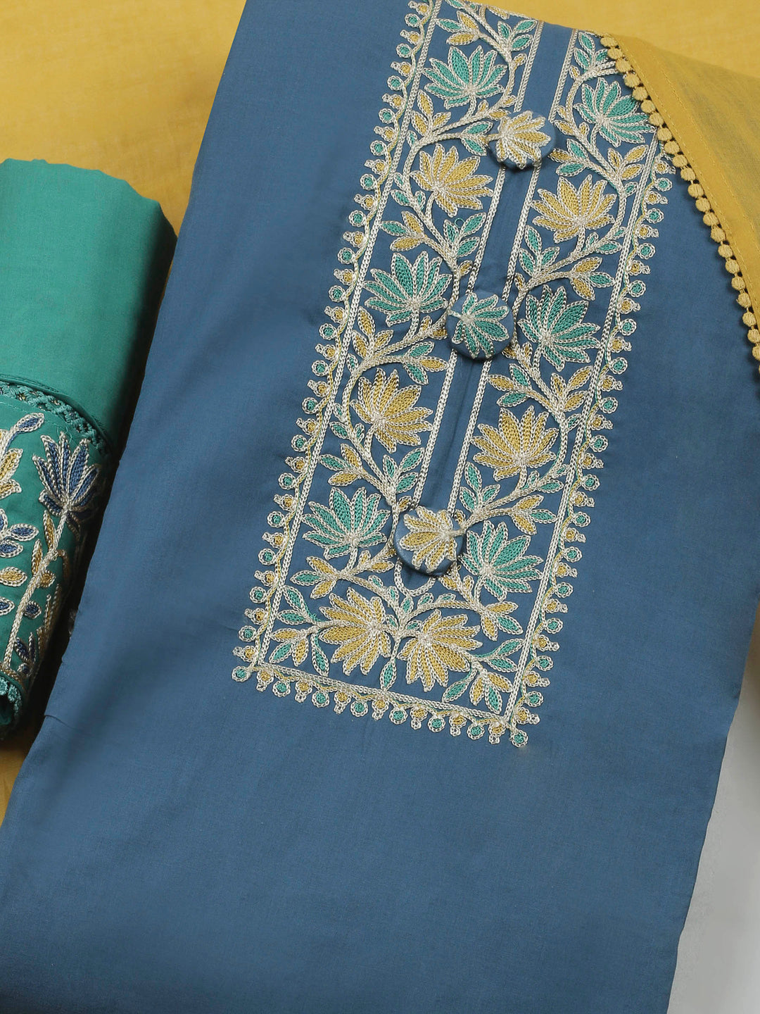 Grey Blue Yoke Embroidery Cotton Blend Unstitched Dress Material
