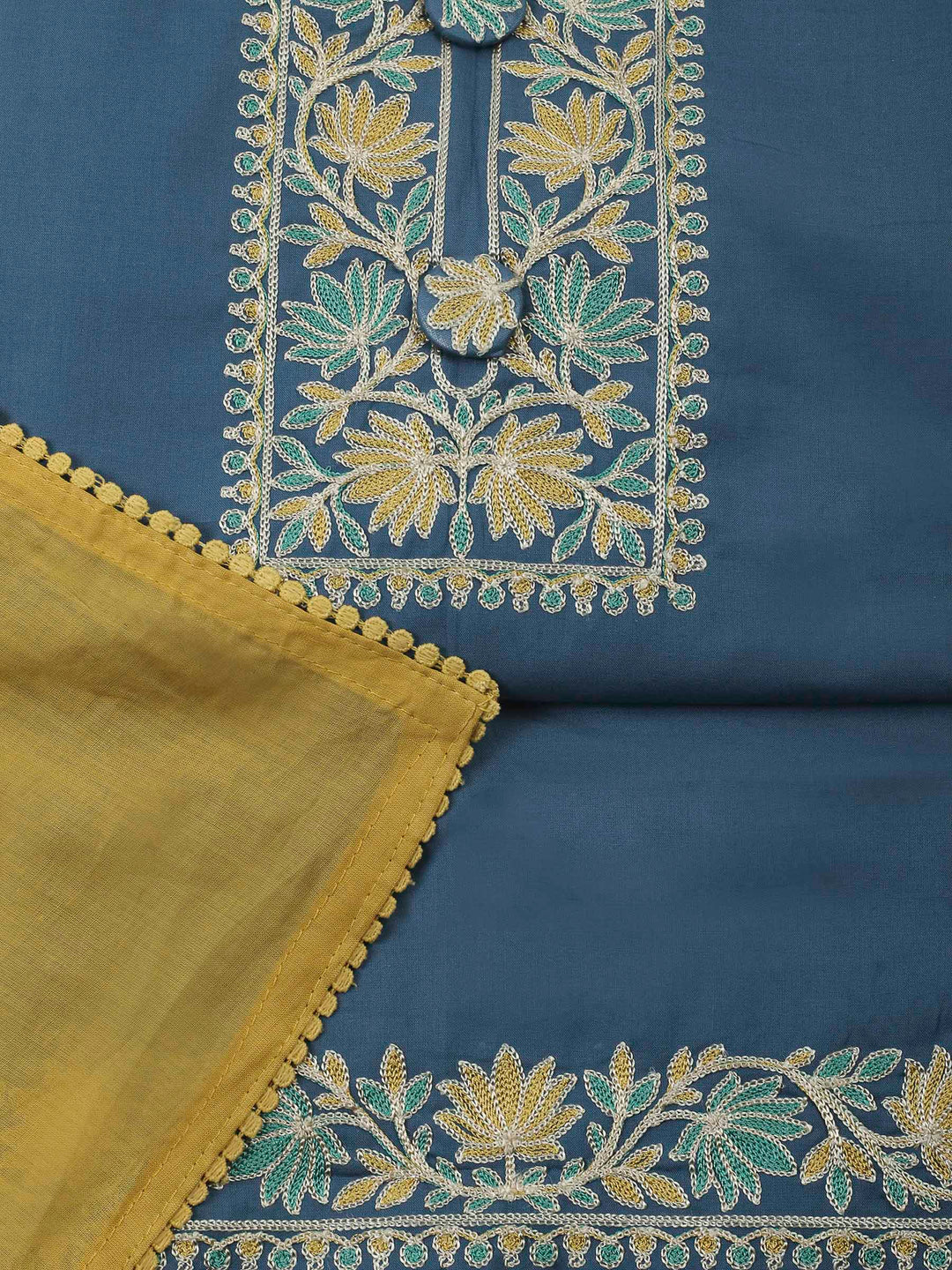 Grey Blue Yoke Embroidery Cotton Blend Unstitched Dress Material