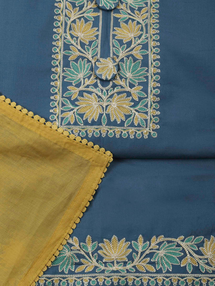 Grey Blue Yoke Embroidery Cotton Blend Unstitched Dress Material