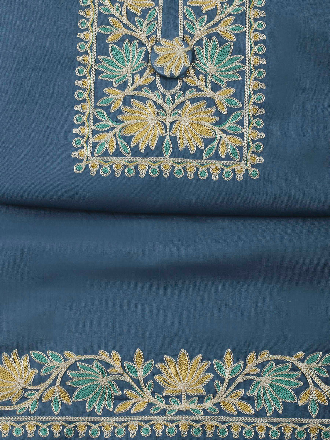 Grey Blue Yoke Embroidery Cotton Blend Unstitched Dress Material