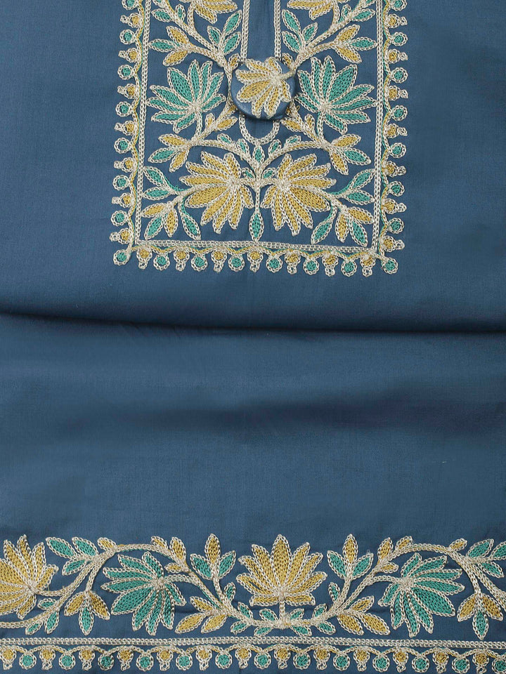 Grey Blue Yoke Embroidery Cotton Blend Unstitched Dress Material