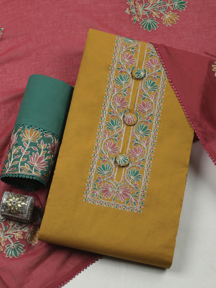 Mustard Yoke Embroidery Cotton Blend Unstitched Dress Material