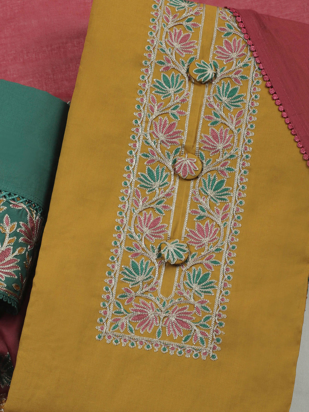 Mustard Yoke Embroidery Cotton Blend Unstitched Dress Material