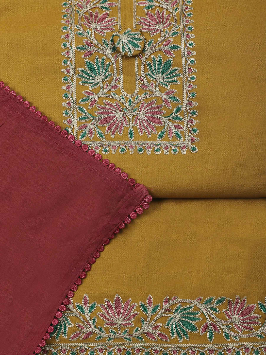 Mustard Yoke Embroidery Cotton Blend Unstitched Dress Material