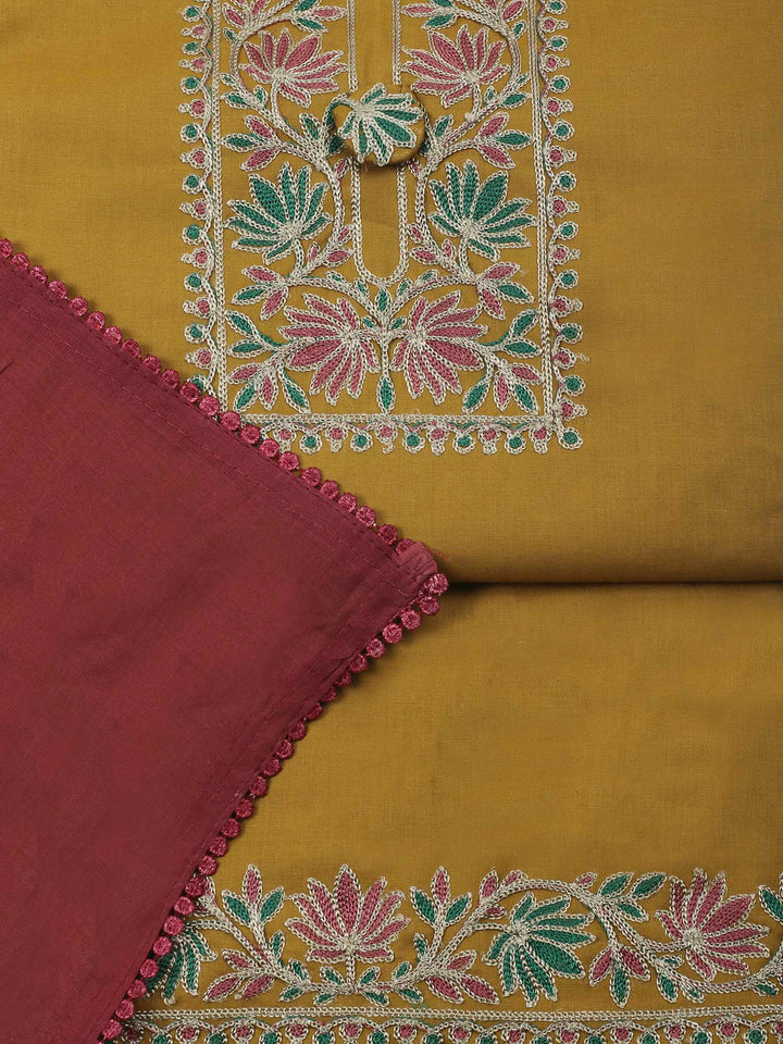 Mustard Yoke Embroidery Cotton Blend Unstitched Dress Material