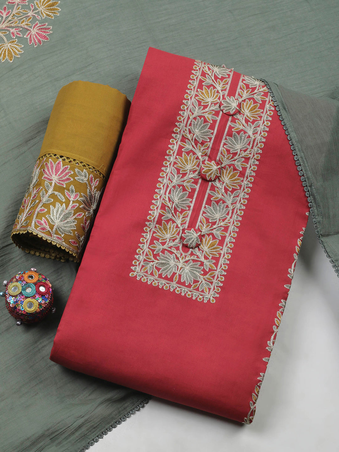 Pink Yoke Embroidery Cotton Blend Unstitched Dress Material