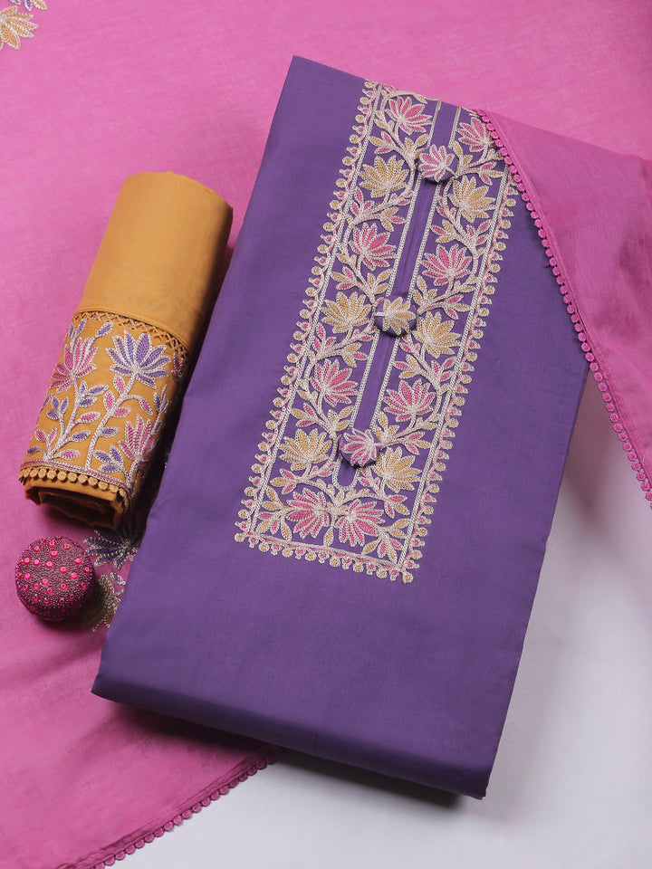 Purple Yoke Embroidery Cotton Blend Unstitched Dress Material