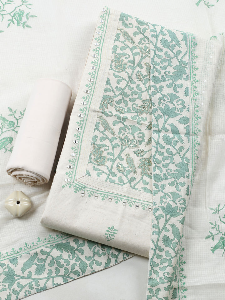 Cream Green Embroidered Cotton Blend Unstitched Suit &amp; Pant With Cotton Dupatta