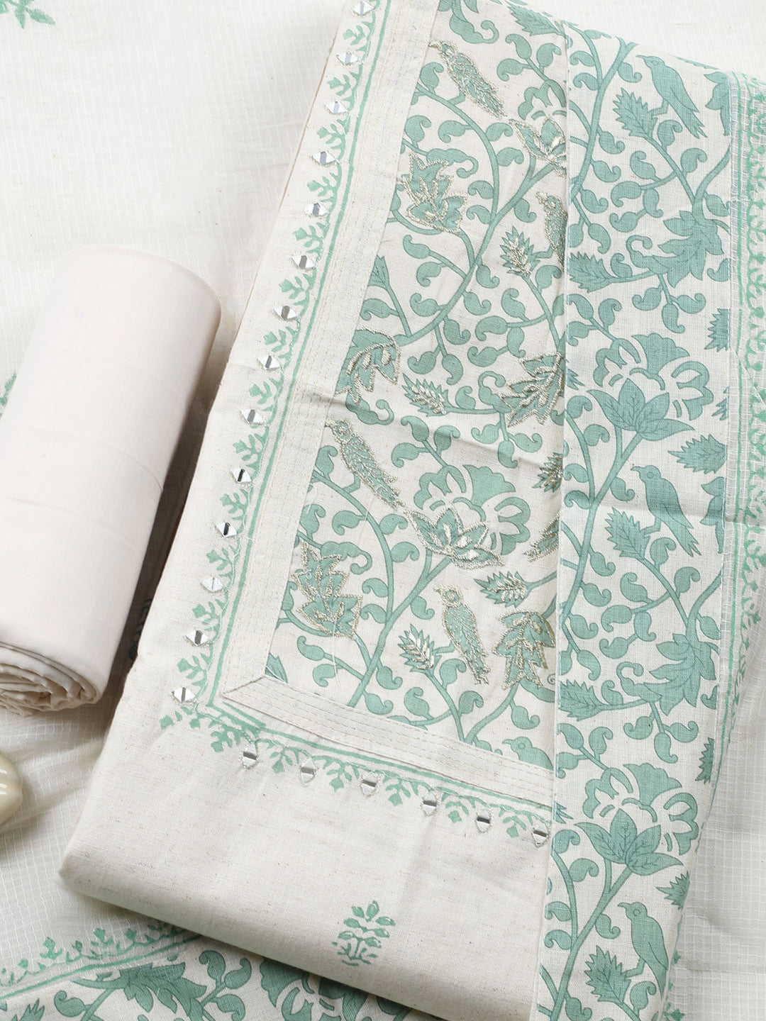 Cream Green Embroidered Cotton Blend Unstitched Suit &amp; Pant With Cotton Dupatta