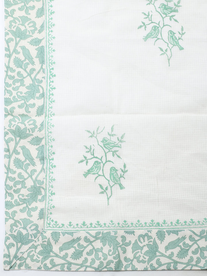 Cream Green Embroidered Cotton Blend Unstitched Suit &amp; Pant With Cotton Dupatta