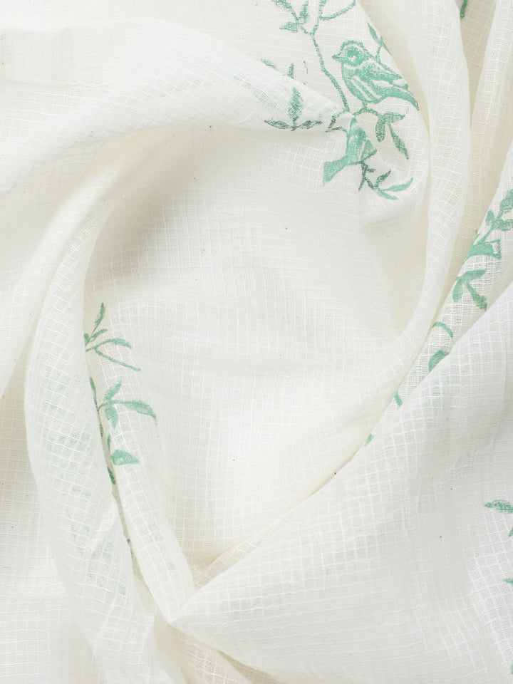 Cream Green Embroidered Cotton Blend Unstitched Suit &amp; Pant With Cotton Dupatta