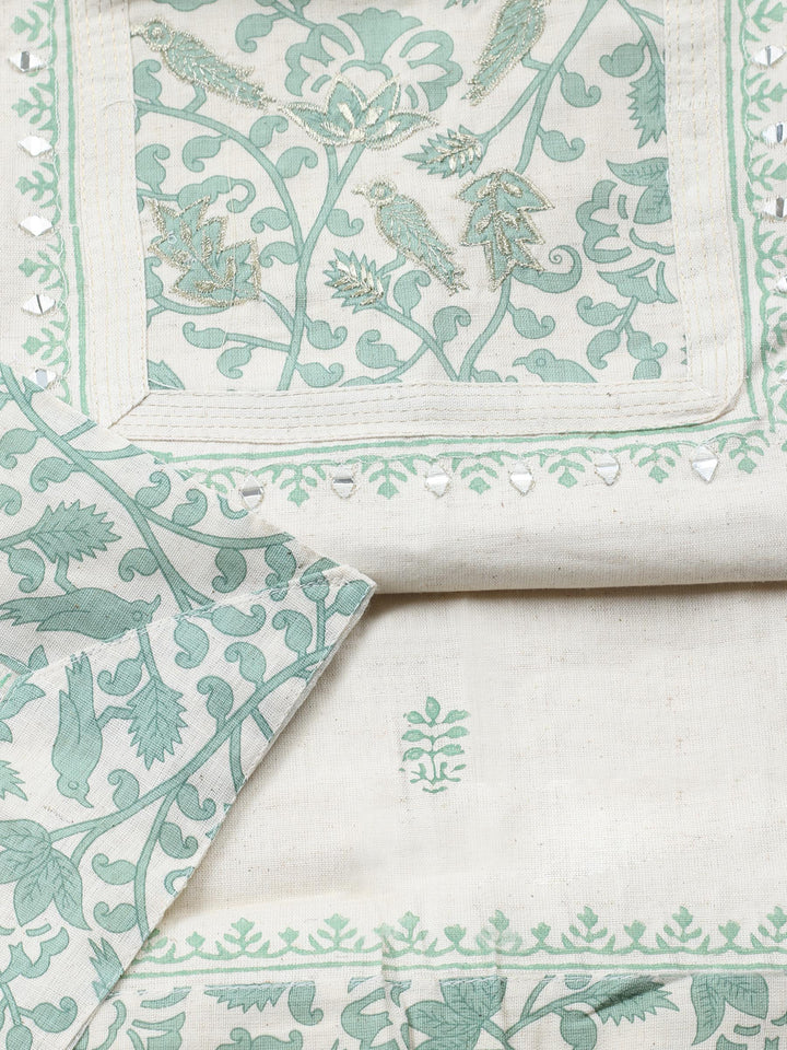 Cream Green Embroidered Cotton Blend Unstitched Suit &amp; Pant With Cotton Dupatta
