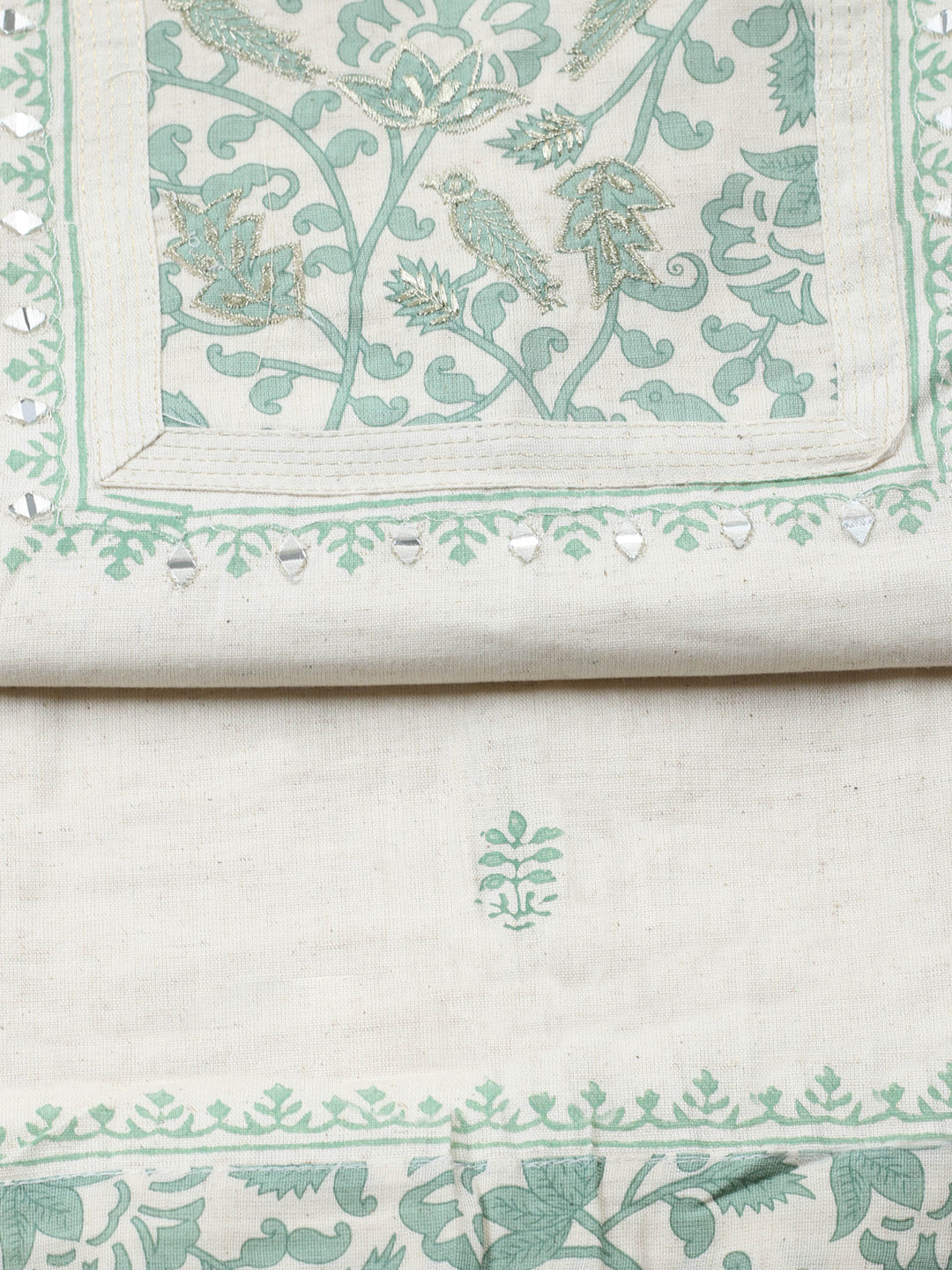 Cream Green Embroidered Cotton Blend Unstitched Suit &amp; Pant With Cotton Dupatta