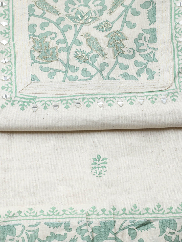 Cream Green Embroidered Cotton Blend Unstitched Suit &amp; Pant With Cotton Dupatta