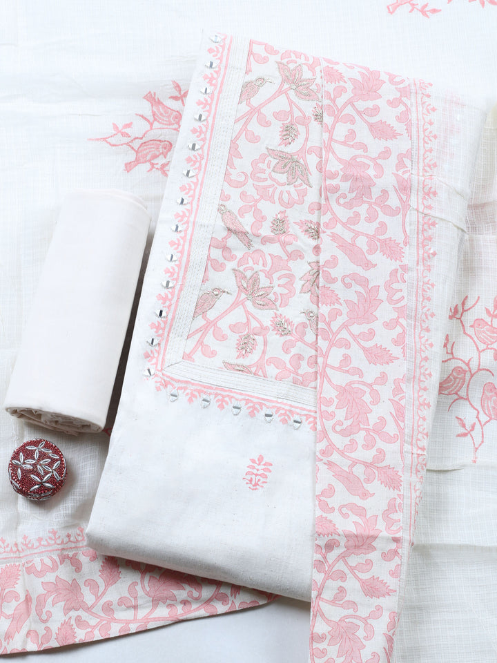Cream Pink Embroidered Cotton Blend Unstitched Suit &amp; Pant With Cotton Dupatta