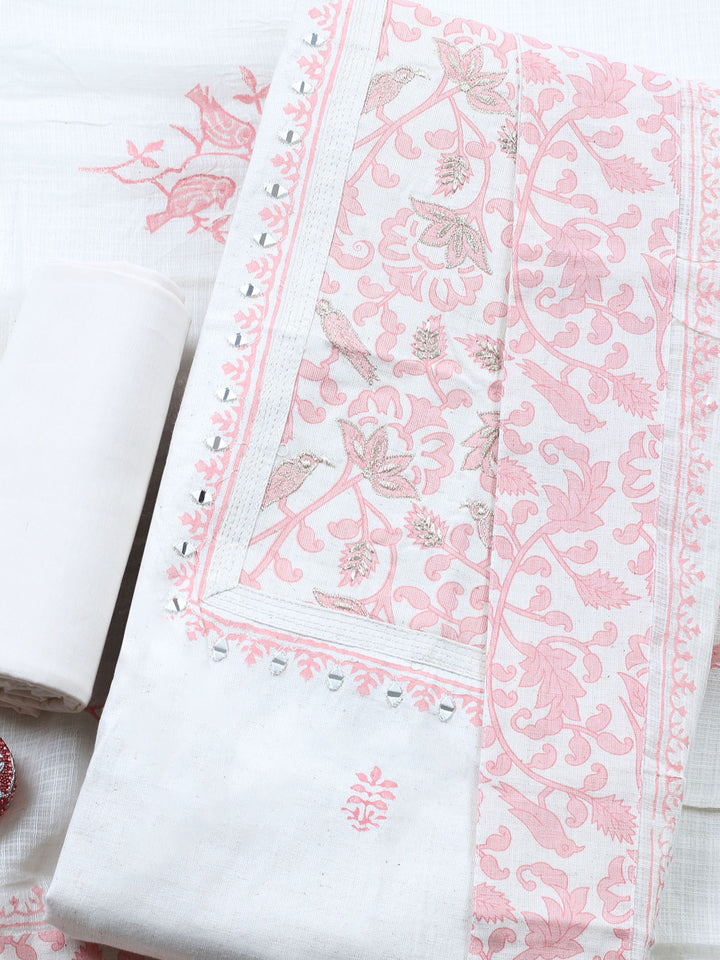 Cream Pink Embroidered Cotton Blend Unstitched Suit &amp; Pant With Cotton Dupatta