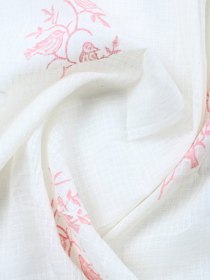 Cream Pink Embroidered Cotton Blend Unstitched Suit &amp; Pant With Cotton Dupatta