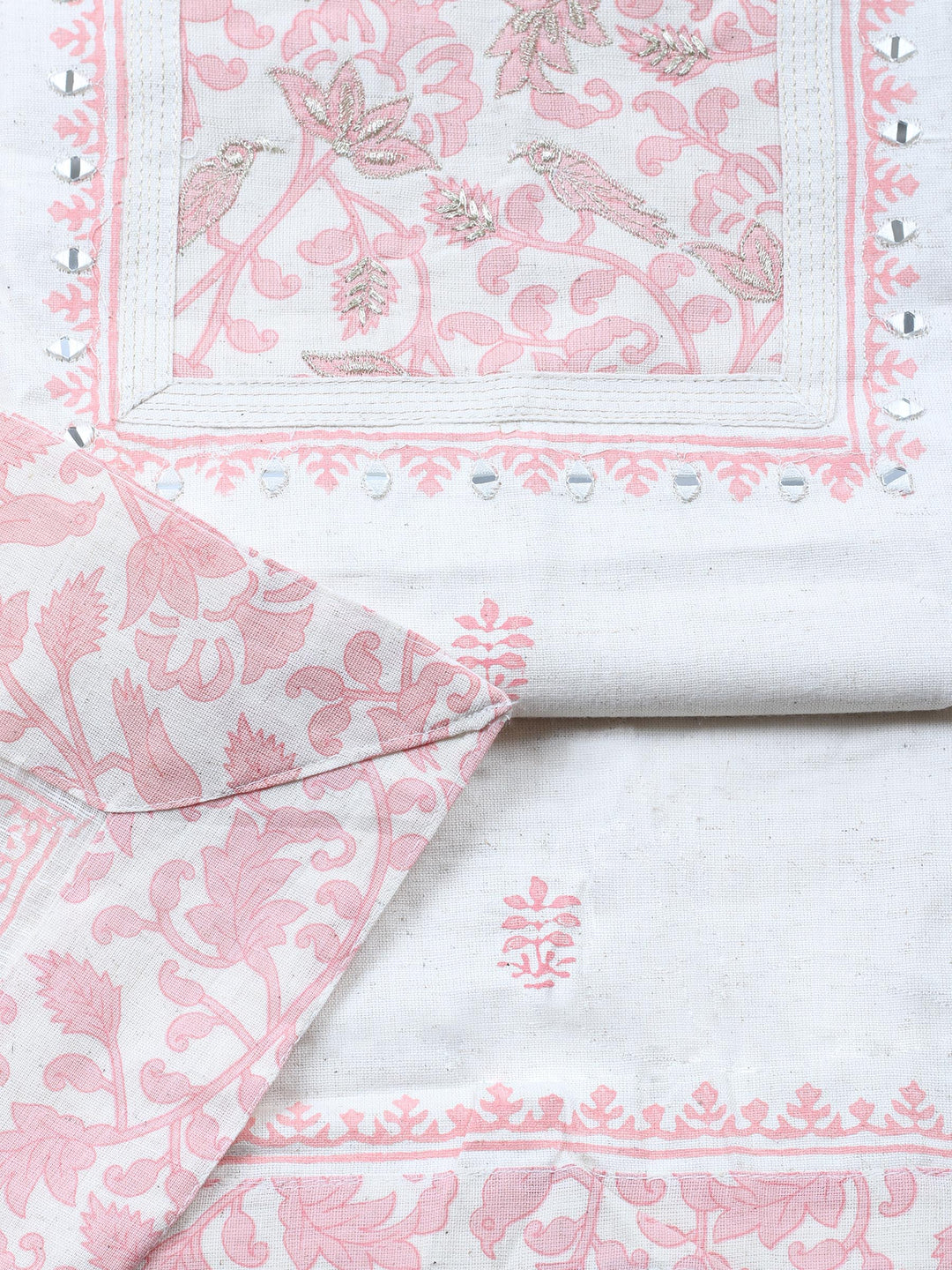Cream Pink Embroidered Cotton Blend Unstitched Suit &amp; Pant With Cotton Dupatta