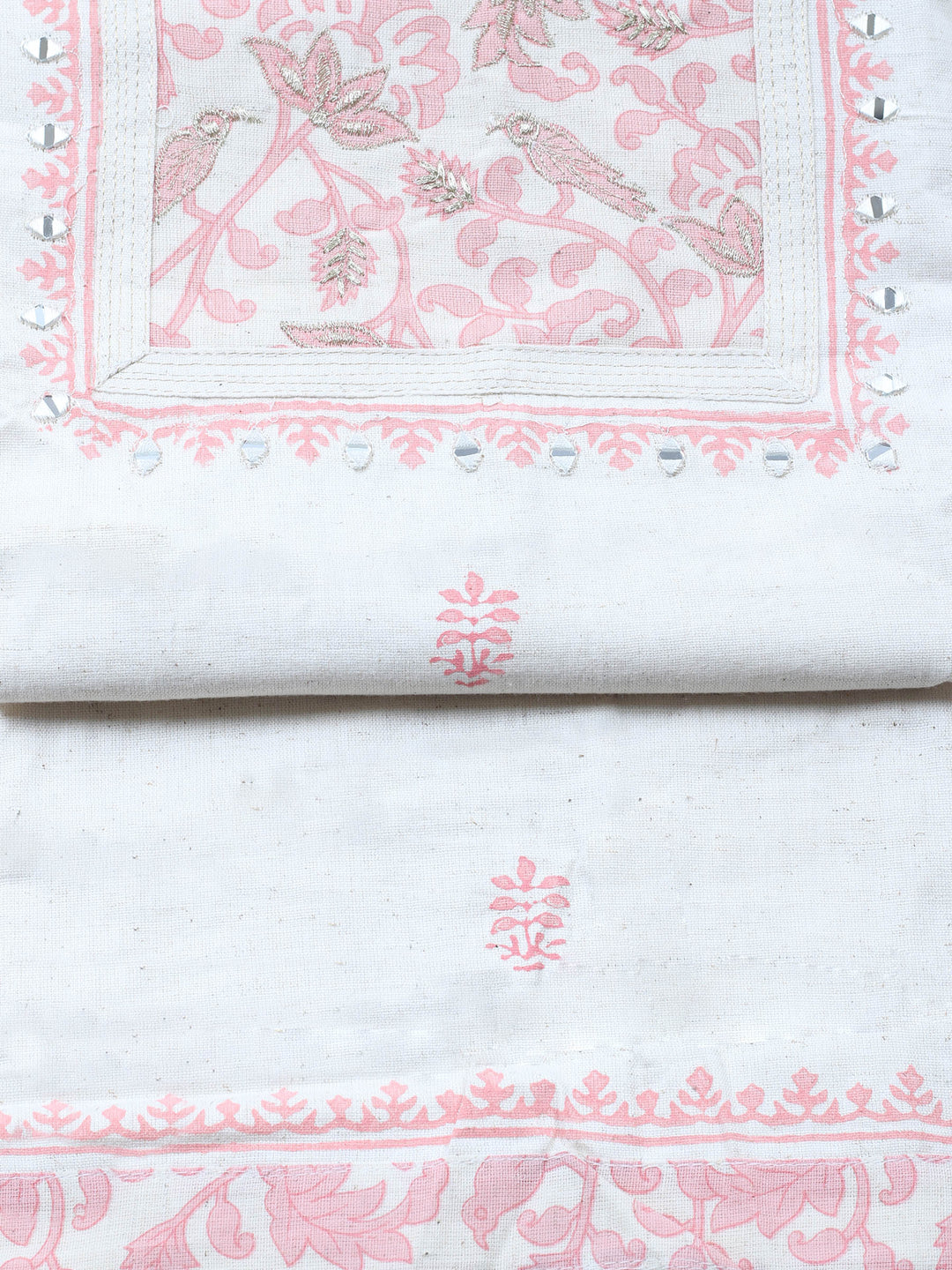 Cream Pink Embroidered Cotton Blend Unstitched Suit &amp; Pant With Cotton Dupatta