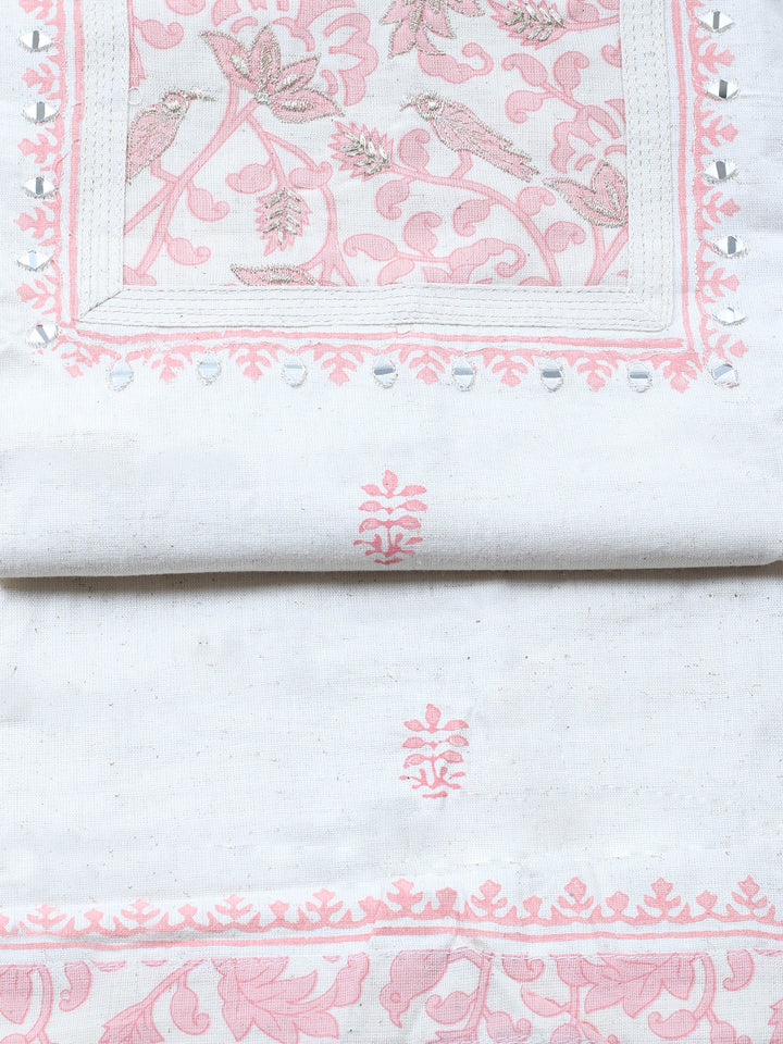 Cream Pink Embroidered Cotton Blend Unstitched Suit &amp; Pant With Cotton Dupatta
