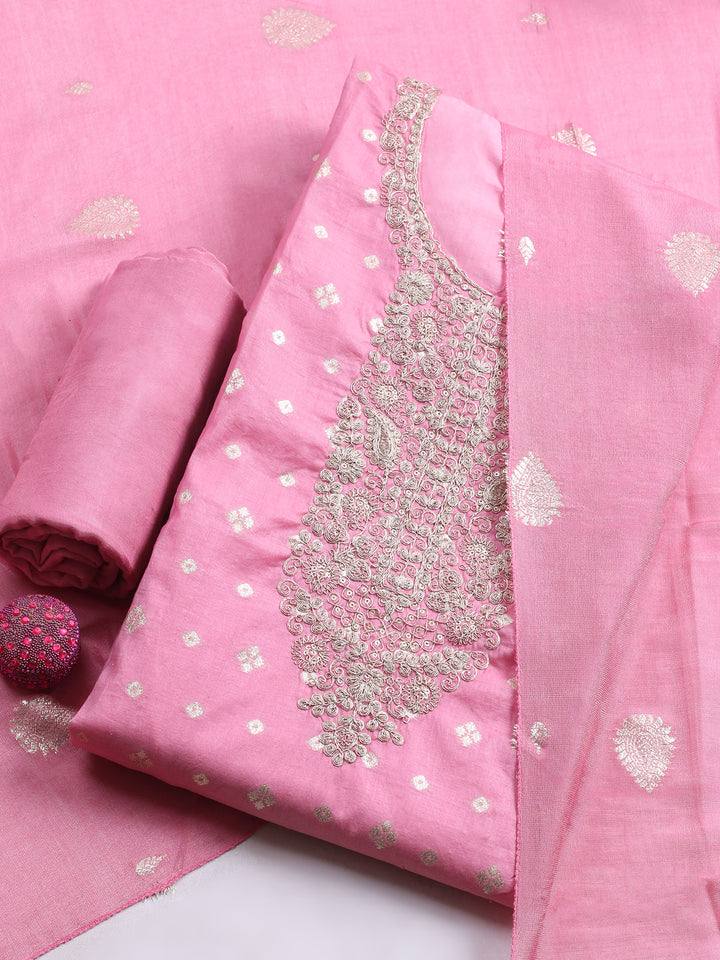 Coral Pink Embroidered Chanderi Unstitched Suit &amp; Pant With Banarsi Dupatta