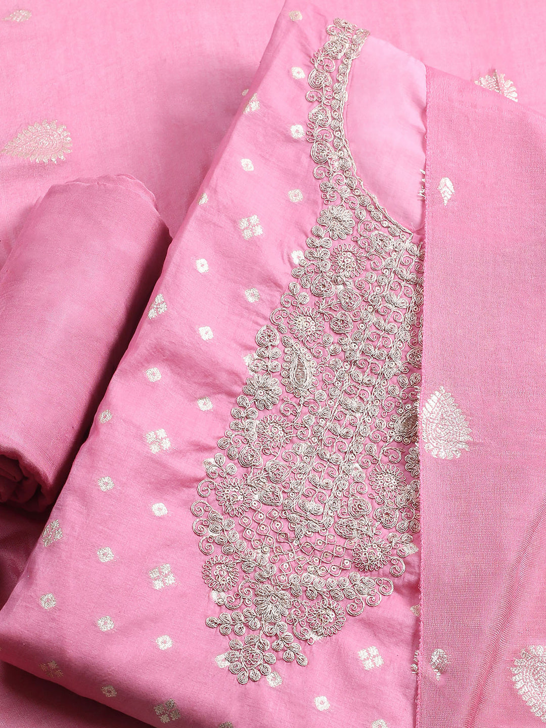 Coral Pink Embroidered Chanderi Unstitched Suit &amp; Pant With Banarsi Dupatta
