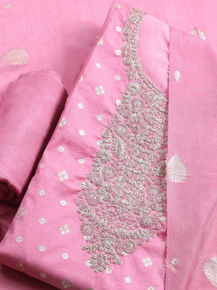 Coral Pink Embroidered Chanderi Unstitched Suit &amp; Pant With Banarsi Dupatta