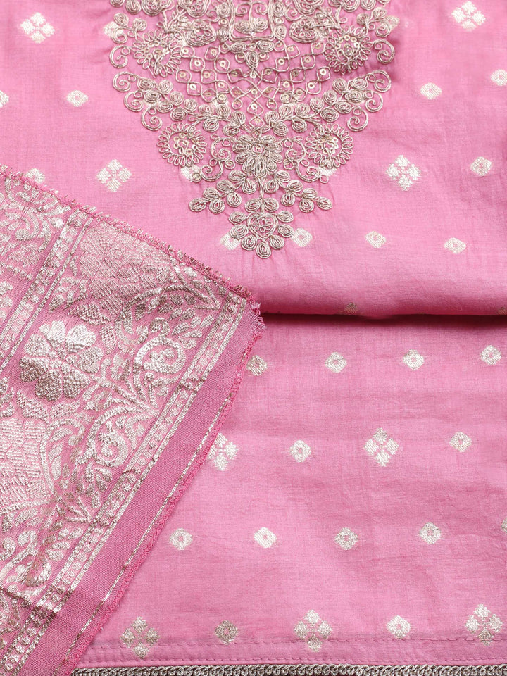 Coral Pink Embroidered Chanderi Unstitched Suit &amp; Pant With Banarsi Dupatta