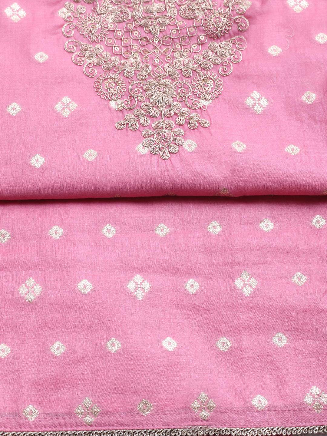 Coral Pink Embroidered Chanderi Unstitched Suit &amp; Pant With Banarsi Dupatta