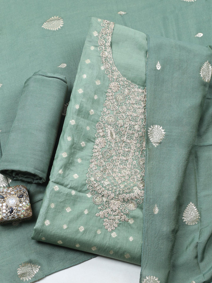Green Embroidered Chanderi Unstitched Suit &amp; Pant With Banarsi Dupatta